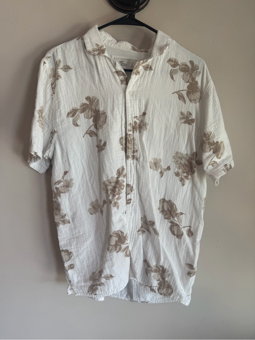 Hollister Mens Floral Short Sleeve Button Down Shirt White Tan Gauze Large